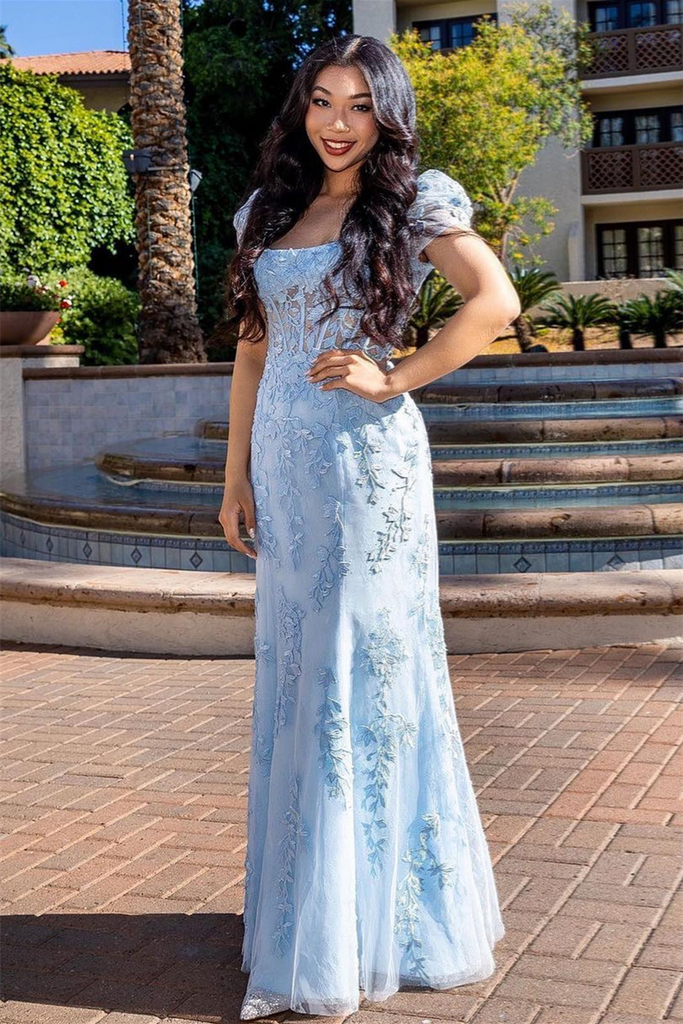 Puff Sleeves Light Blue Prom Dress With Appliques, Tulle Cocktail Party Dress