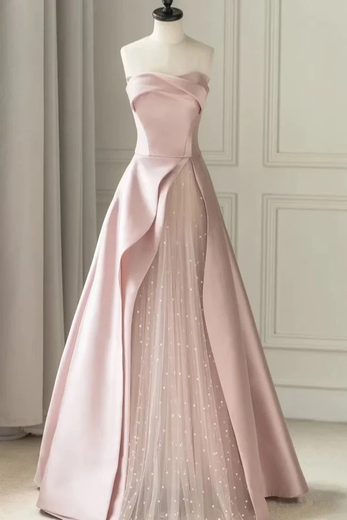 Strapless Pink A Line Satin Tulle Long Prom Dress, Sleeveless Pink Party Gown