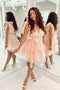 A Line Peach Tulle Homecoming Dress With Pearls, Princess V Neck Homecoming Dress