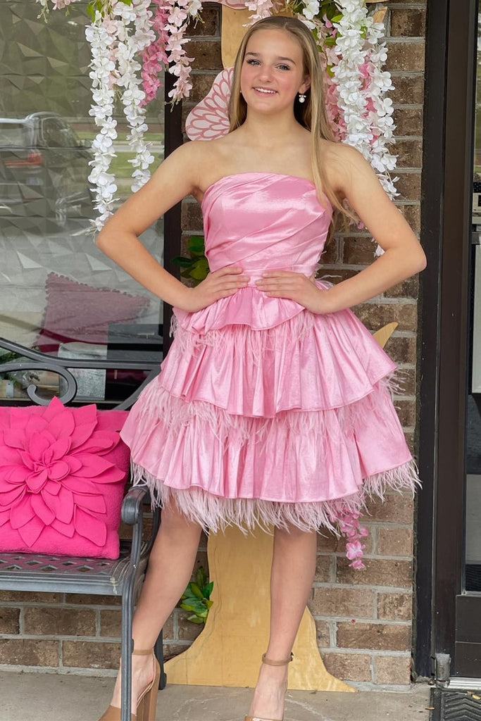 Cute Fuchsia Strapless A Line Short Homecoming Dress With Feathers Tiered