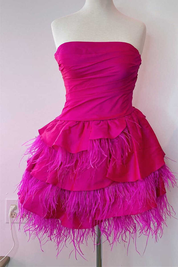 Cute Fuchsia Strapless A Line Short Homecoming Dress With Feathers Tiered