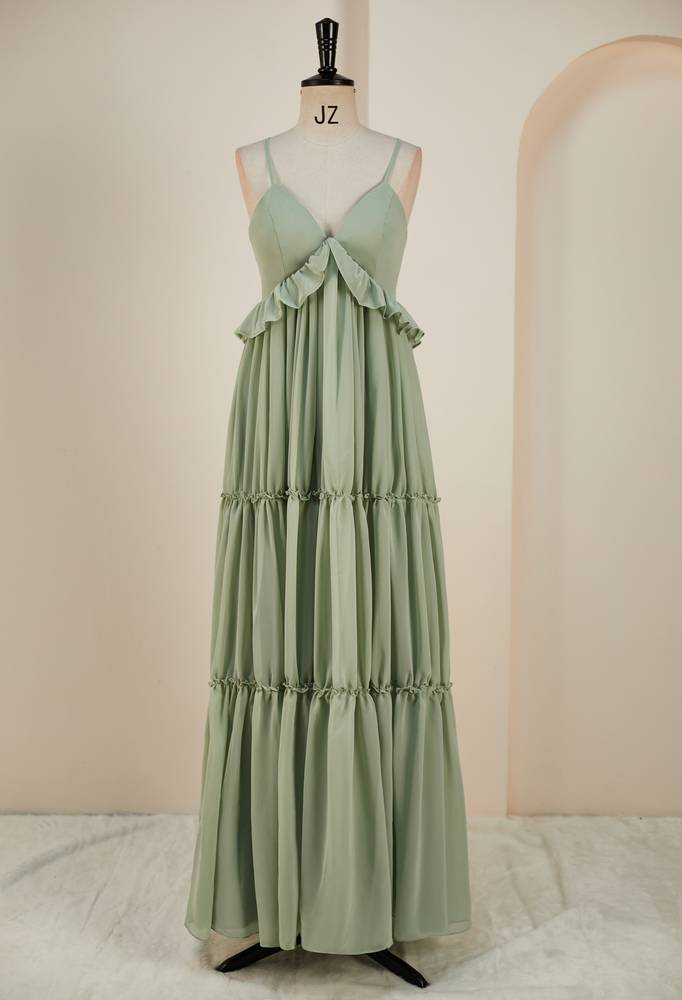 Spaghetti Straps Sage Green V Neck Long Bridesmaid Dress With Pleated