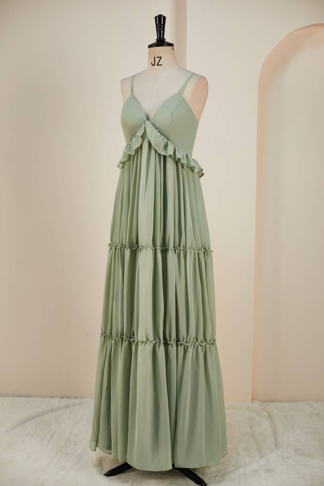 Spaghetti Straps Sage Green V Neck Long Bridesmaid Dress With Pleated