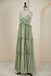 Spaghetti Straps Sage Green V Neck Long Bridesmaid Dress With Pleated