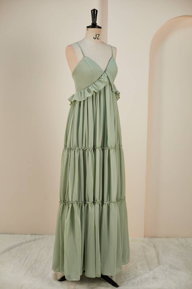 Spaghetti Straps Sage Green V Neck Long Bridesmaid Dress With Pleated