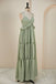 Spaghetti Straps Sage Green V Neck Long Bridesmaid Dress With Pleated