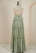 Spaghetti Straps Sage Green V Neck Long Bridesmaid Dress With Pleated