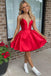 Strapless Red Plunge Neck Sleeveless A Line Satin Short Homecoming Dress