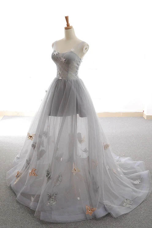 Unique Gray A Line Long Prom Dress With Butterfly, Gray Tulle Party Dress