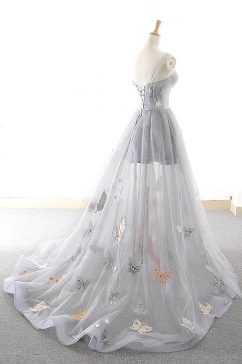 Unique Gray A Line Long Prom Dress With Butterfly, Gray Tulle Party Dress