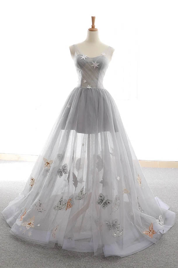 Unique Gray A Line Long Prom Dress With Butterfly, Gray Tulle Party Dress