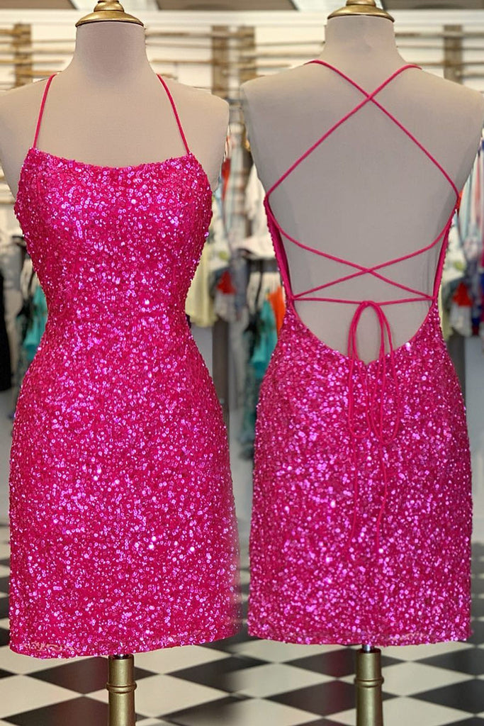 Spaghetti Straps Fuchsia Party Dress Sequins Short Homecoming Dress