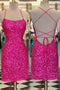 Spaghetti Straps Fuchsia Party Dress Sequins Short Homecoming Dress