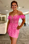 Spaghetti Straps Hot Pink Feathered Short Homecoming Dress With Applique