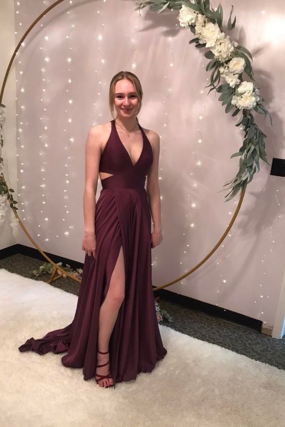 Simple Burgundy A Line Satin V Neck Long Prom Dresses With Split