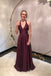 Simple Burgundy A Line Satin V Neck Long Prom Dresses With Split