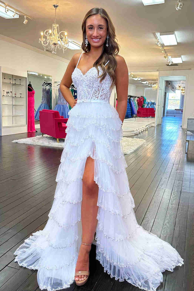 Spaghetti Straps Ivory Sequin Pleated Long Prom Dress With Slit