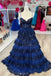 Spaghetti Straps Navy Blue A-Line Sequin Prom Dress With Lace Tiered