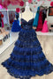 Spaghetti Straps Navy Blue A-Line Sequin Prom Dress With Lace Tiered