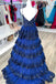 Spaghetti Straps Navy Blue A-Line Sequin Prom Dress With Lace Tiered