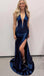 Trumpet Mermaid Dark Blue Halter Neck Long Evening Dress With Split