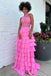 High Neck Hot Pink Prom Dress With Split, Ruffle Long Evening Gown