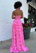 High Neck Hot Pink Prom Dress With Split, Ruffle Long Evening Gown