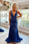 V Neck Royal Blue Sleeveless Mermaid Long Porm Dress Wtih Sequin