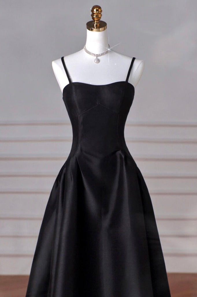 Simple Spaghetti Straps Black A Line Satin Long Prom Evening Dress