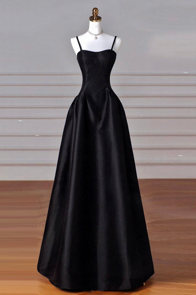 Simple Spaghetti Straps Black A Line Satin Long Prom Evening Dress