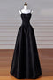 Simple Spaghetti Straps Black A Line Satin Long Prom Evening Dress