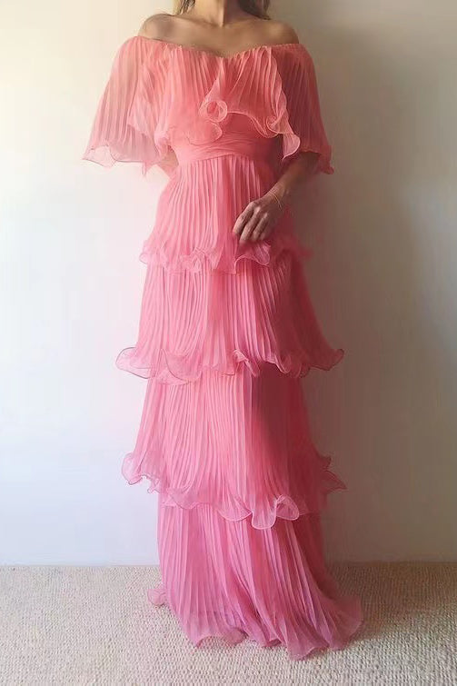 Long Prom Dresses With Layers, Off-the-Shoulder Pink Tulle Party Dress