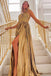 Long Prom Dress With Slit, Key Hole Gold Pleated Party Dress