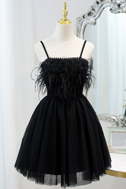 Unique Black Spaghetti Straps Tulle Short Homecoming Dress With Feather