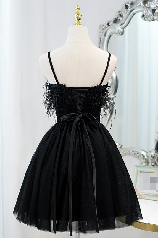 Unique Black Spaghetti Straps Tulle Short Homecoming Dress With Feather