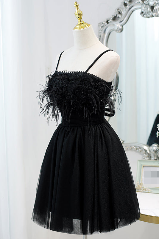 Unique Black Spaghetti Straps Tulle Short Homecoming Dress With Feather