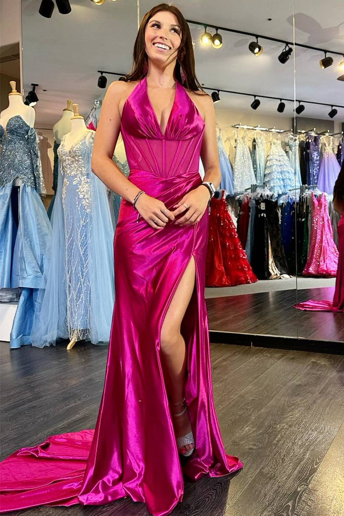 Magenta Satin Mermaid Halter Ruching Prom Dress Long Slit Formal Dress