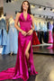 Magenta Satin Mermaid Halter Ruching Prom Dress Long Slit Formal Dress