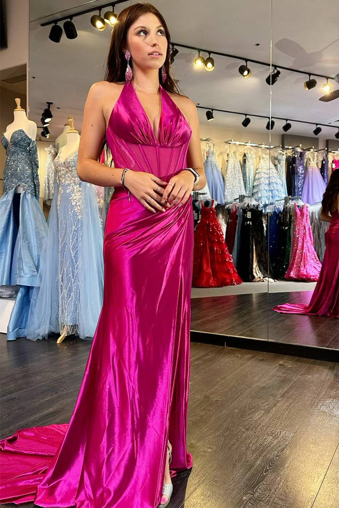 Magenta Satin Mermaid Halter Ruching Prom Dress Long Slit Formal Dress