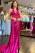 Magenta Satin Mermaid Halter Ruching Prom Dress Long Slit Formal Dress