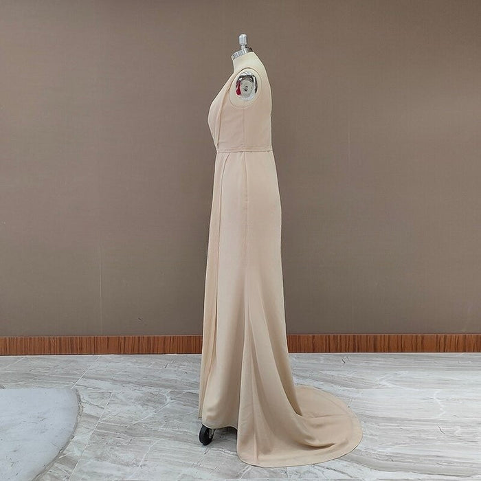 Cheap Off White V Neck Split Long Bridesmaid Dresses With Pleated