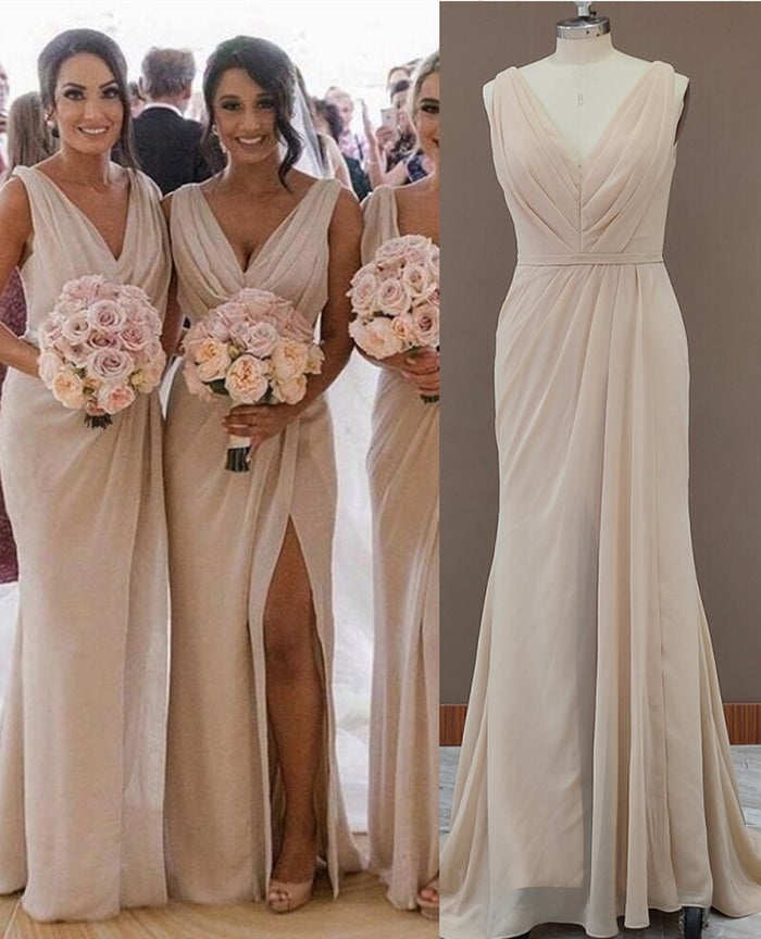 Cheap Off White V Neck Split Long Bridesmaid Dresses With Pleated