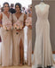 Cheap Off White V Neck Split Long Bridesmaid Dresses With Pleated