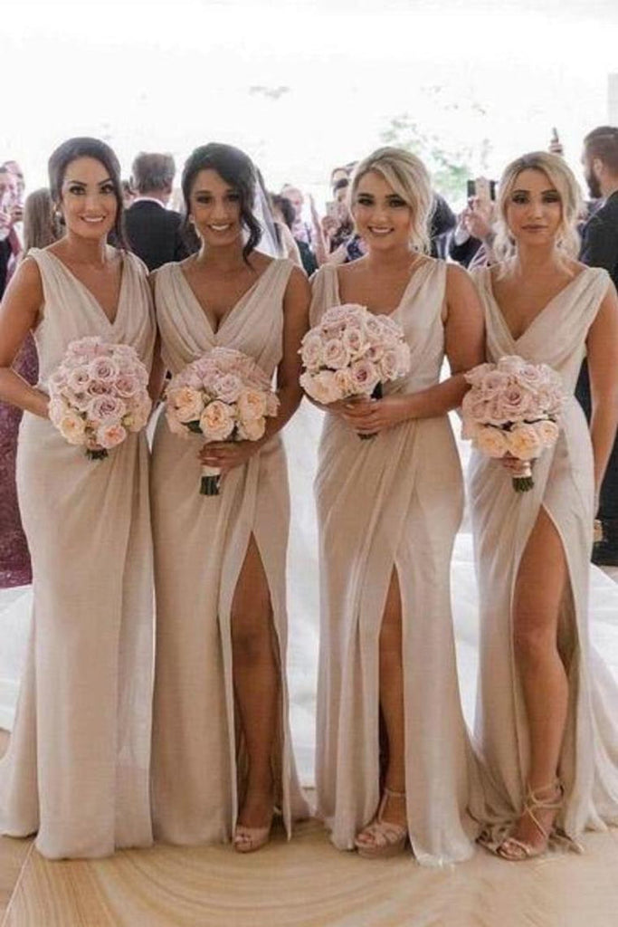 Cheap Off White V Neck Split Long Bridesmaid Dresses With Pleated