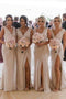 Cheap Off White V Neck Split Long Bridesmaid Dresses With Pleated