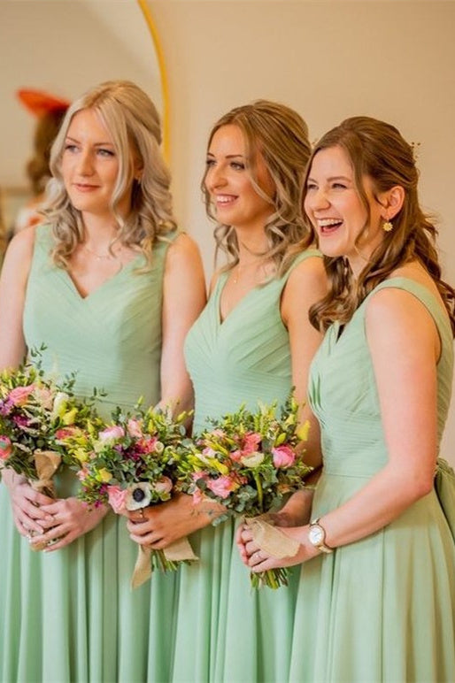 Straps Sage Green V Neck Long Bridesmaid Dresses With Pleated