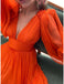 Long Sleeve Orange V Neck Princess Chiffon Long Prom Dresses With Ruffles