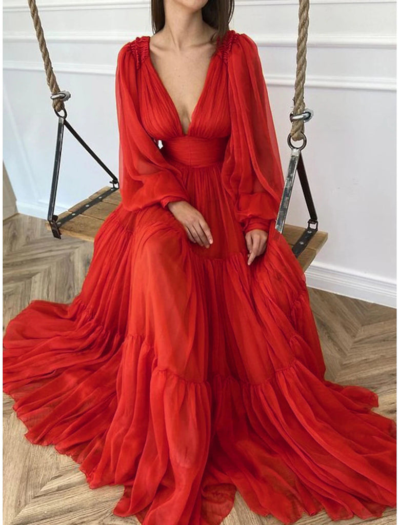 Long Sleeve Orange V Neck Princess Chiffon Long Prom Dresses With Ruffles