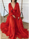 Long Sleeve Orange V Neck Princess Chiffon Long Prom Dresses With Ruffles