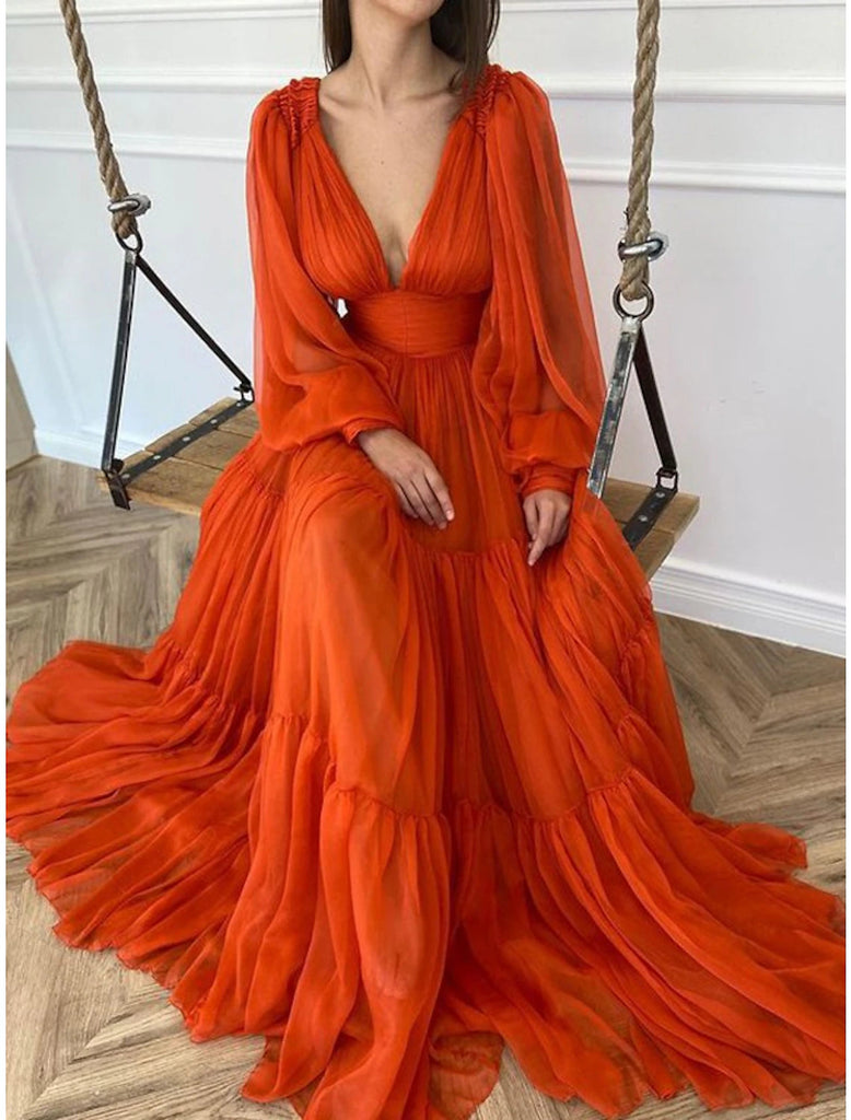 Long Sleeve Orange V Neck Princess Chiffon Long Prom Dresses With Ruffles